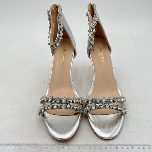XYD Silver Mid Heel Rhinestone Strappy Sandals Open Toe Ankle Strap Prom Shoes - Picture 3 of 8